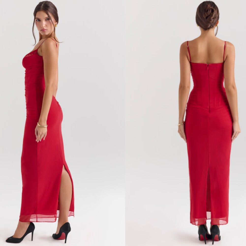 HOUSE OF CB 'Nalini' Holly Red Mesh Corset Maxi Dress NWOT - Picture 6 of 10